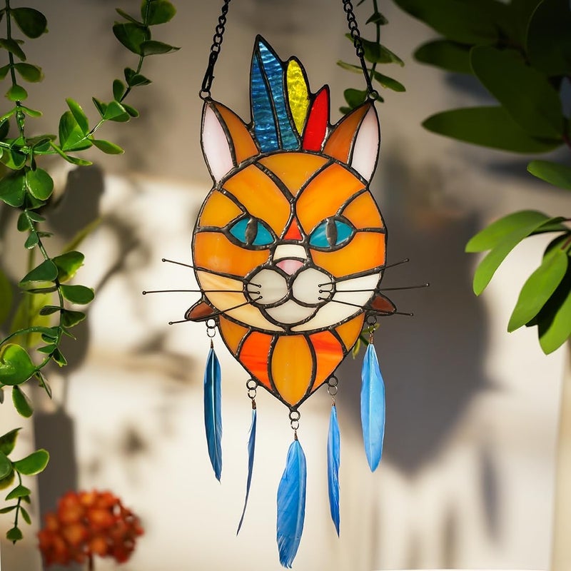 BOXCASA Orange Cat Decor Stained Glass Window Hangings,Cat Suncatcher for Window Indian Feathers Decoration,Funny Cat Decor Gifts for Cat Lovers,Cat Themed Gifts for Women - Image 1
