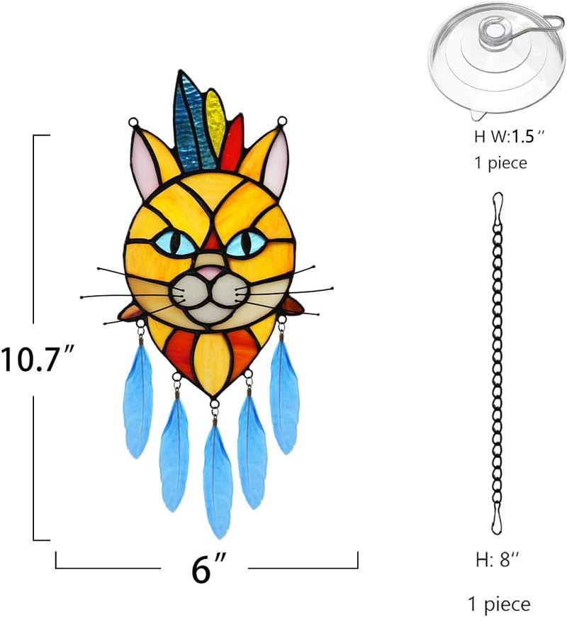 BOXCASA Orange Cat Decor Stained Glass Window Hangings,Cat Suncatcher for Window Indian Feathers Decoration,Funny Cat Decor Gifts for Cat Lovers,Cat Themed Gifts for Women - Image 5