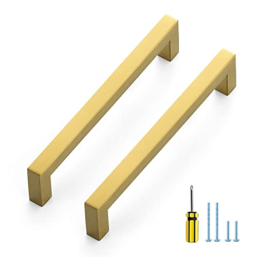 Ravinte 5 Pack Gold Cabinet Pulls 6-1/4 Inch Brushed Brass Kitchen Cabinet Handles Gold Square Kitchen Hardware for Drawer Pulls Come with Screwdriver - Image 1