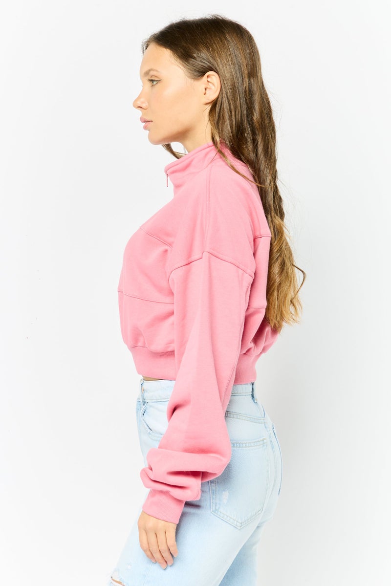 NIA Women High Neck Plain Crop Sweatshirt, Pink - Image 3