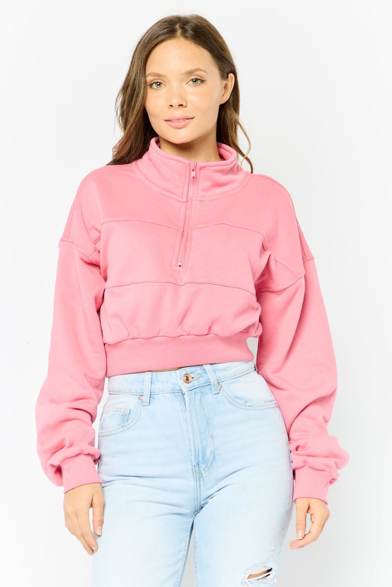 NIA Women High Neck Plain Crop Sweatshirt, Pink - Image 1