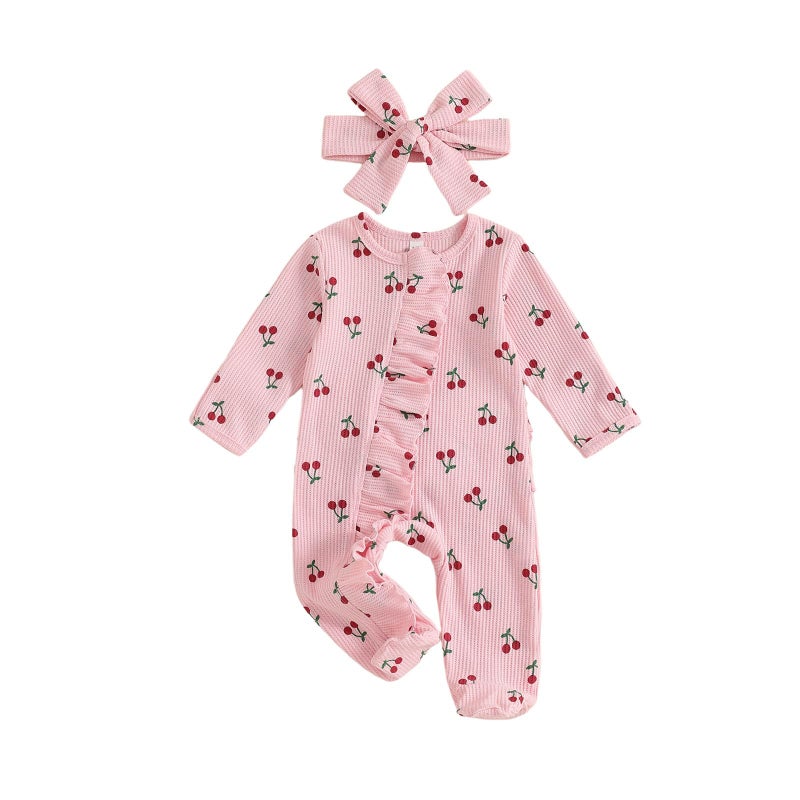 allshope Infant Baby Girl Fall Outfit Sweatshirt Romper Footies Cherry Print Ruffle Trim Jumpsuit Zip Up Newborn Winter Clothes (Color Pink, Newborn) - Image 1