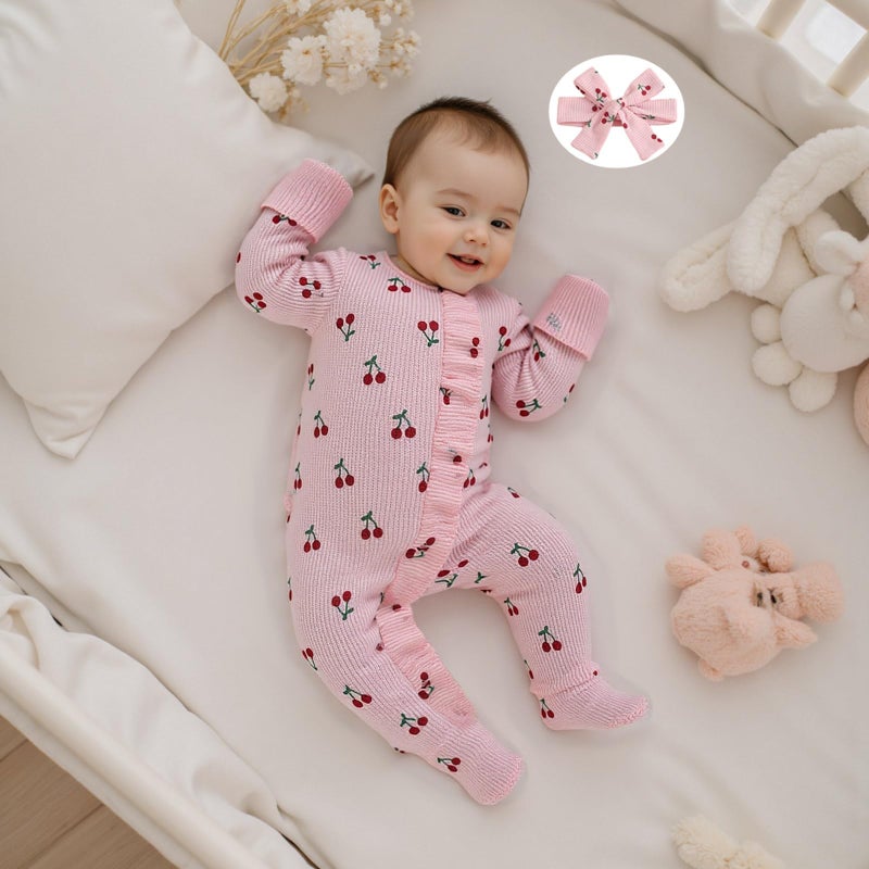 allshope Infant Baby Girl Fall Outfit Sweatshirt Romper Footies Cherry Print Ruffle Trim Jumpsuit Zip Up Newborn Winter Clothes (Color Pink, Newborn) - Image 3