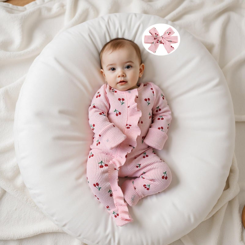 allshope Infant Baby Girl Fall Outfit Sweatshirt Romper Footies Cherry Print Ruffle Trim Jumpsuit Zip Up Newborn Winter Clothes (Color Pink, Newborn) - Image 5
