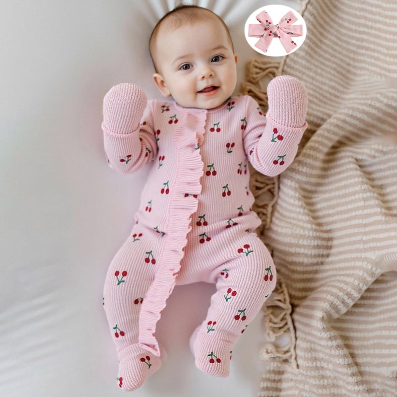 allshope Infant Baby Girl Fall Outfit Sweatshirt Romper Footies Cherry Print Ruffle Trim Jumpsuit Zip Up Newborn Winter Clothes (Color Pink, Newborn) - Image 4
