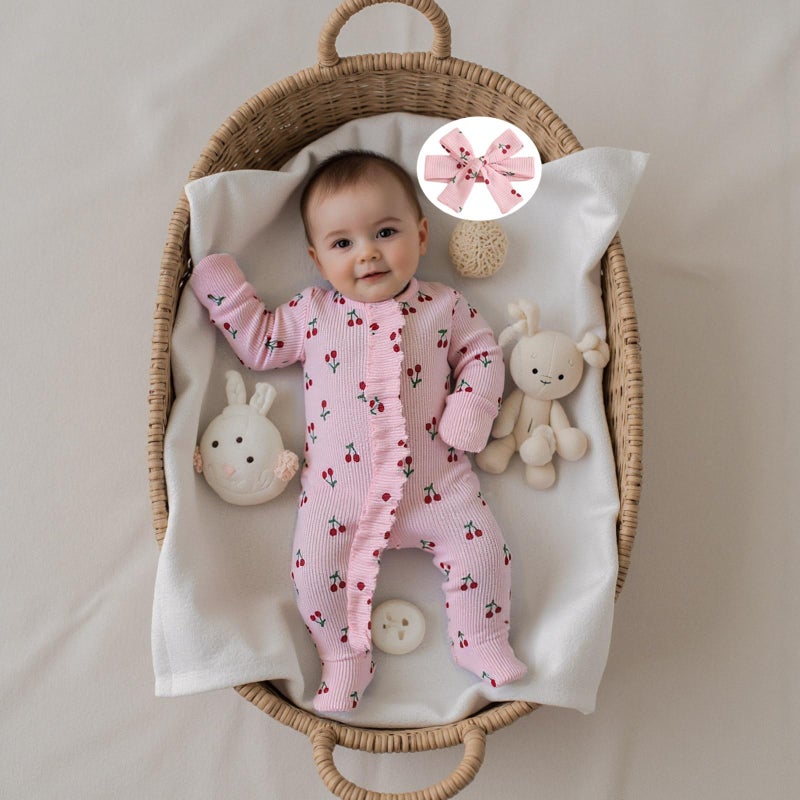 allshope Infant Baby Girl Fall Outfit Sweatshirt Romper Footies Cherry Print Ruffle Trim Jumpsuit Zip Up Newborn Winter Clothes (Color Pink, Newborn) - Image 2