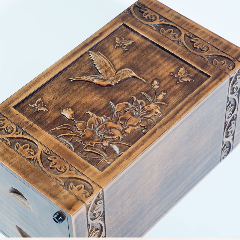 engmvwod Handmade Wooden Engraved Urn for Human Ashes 250lbs Adult Male Female Satin Bag Hummingbird Cremation urns Box - Image 3