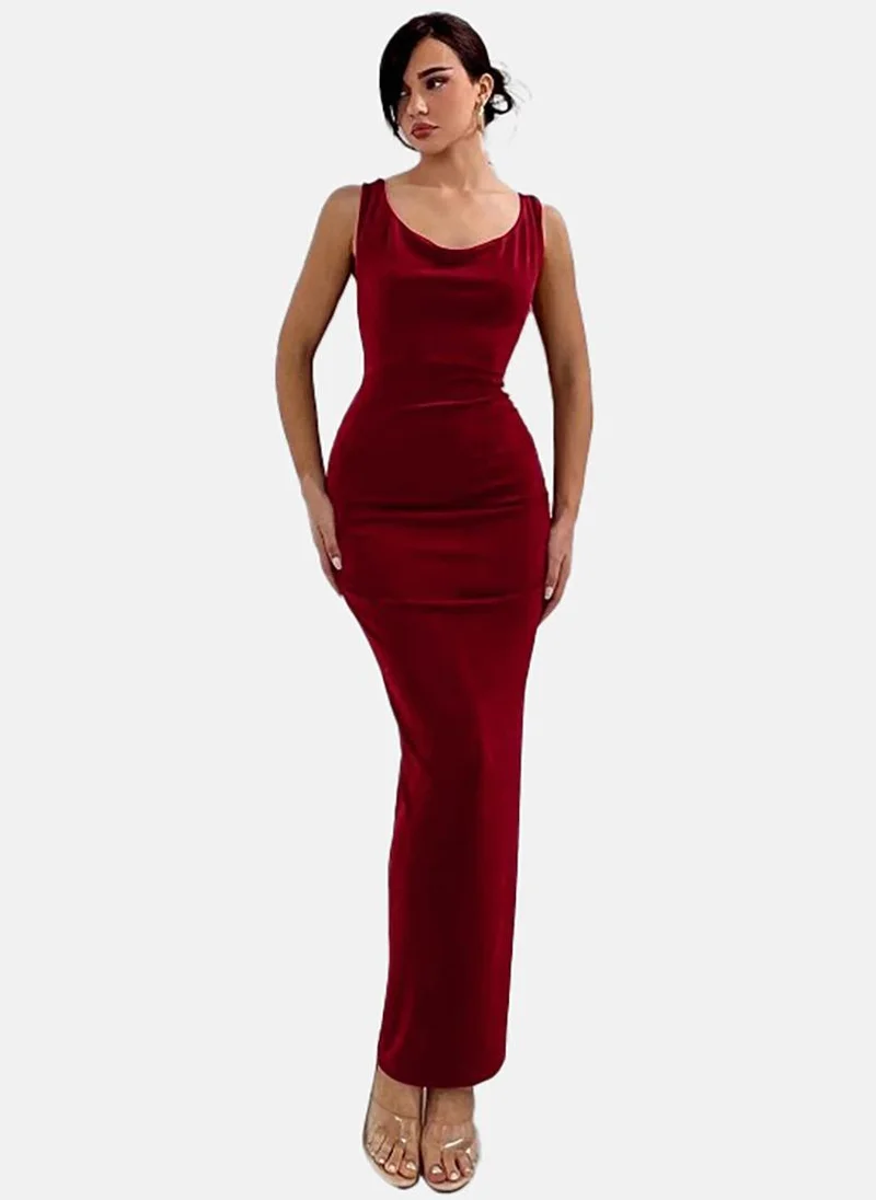 يونيكي Red Solid Sleeveless Round Neck Maxi Bodycon Dress