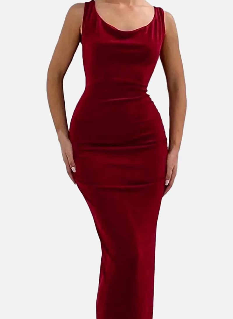 يونيكي Red Solid Sleeveless Round Neck Maxi Bodycon Dress