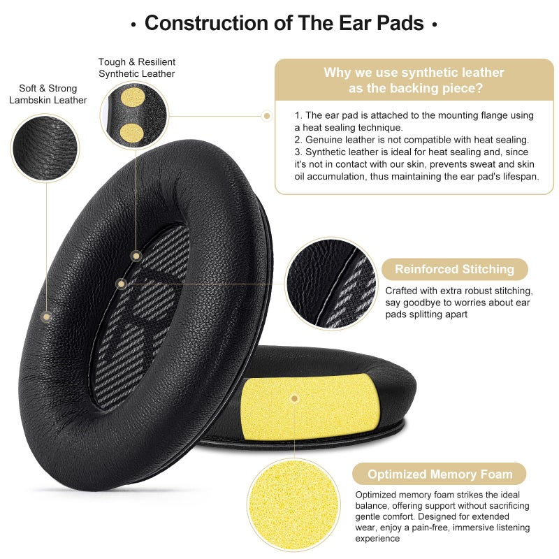 Aurivor Leather Ear-Pads Cushions for Bose QuietComfort QC-35 QC-35-ii QC-25 QC-15 QC-2 Headphones, Lambskin Replacement Ear Covers for Ae2/Ae2i/Ae2W SoundLink SoundTrue Around-Ear Headsets(Black) - Image 4