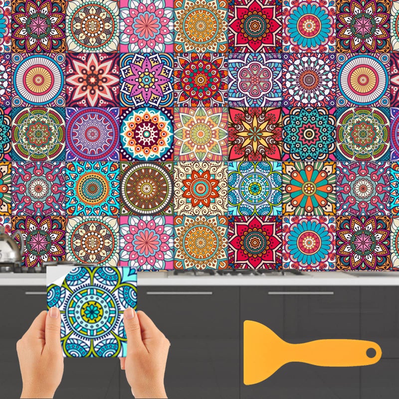 ZOCONE Moroccan Tile Sticker 24 PCS Square Colorful Tiles Stickers for Kitchen Bathroom Waterproof 15  15cm Vinyl Wall TileStickers Mandala Tile Decals Transfers Stickers Stick on Tiles