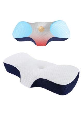 وسادة ميموري فوم للنوم لتقويم العظام لتخفيف الام الرقبة والكتف وسائد سرير عنق مريحة على الجانب والظهر والبطن دعم (67 × 35 × 12 سم) أبيض + أزرق داكن