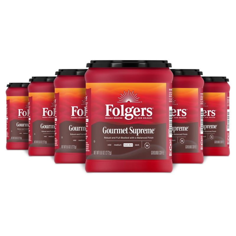 Folgers Gourmet Supreme Medium Dark Roast Ground Coffee, 9.6 Ounces (Pack of 6) - Image 1