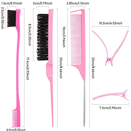 Remerry 12 Pieces Hair Brush Set, Nylon Teasing Hair Brushes 3 Row Salon Teasing Brush, Double Sided Edge Smooth Comb Grooming, Rat Tail Combs with Duckbill Clips for Women(Pink) - Image 2