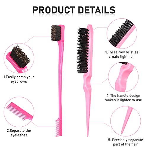 Remerry 12 Pieces Hair Brush Set, Nylon Teasing Hair Brushes 3 Row Salon Teasing Brush, Double Sided Edge Smooth Comb Grooming, Rat Tail Combs with Duckbill Clips for Women(Pink) - Image 3