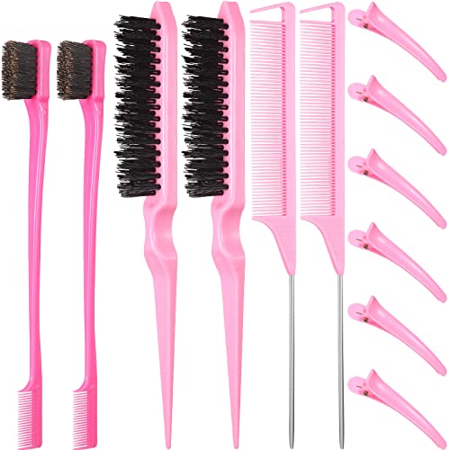 Remerry 12 Pieces Hair Brush Set, Nylon Teasing Hair Brushes 3 Row Salon Teasing Brush, Double Sided Edge Smooth Comb Grooming, Rat Tail Combs with Duckbill Clips for Women(Pink) - Image 1