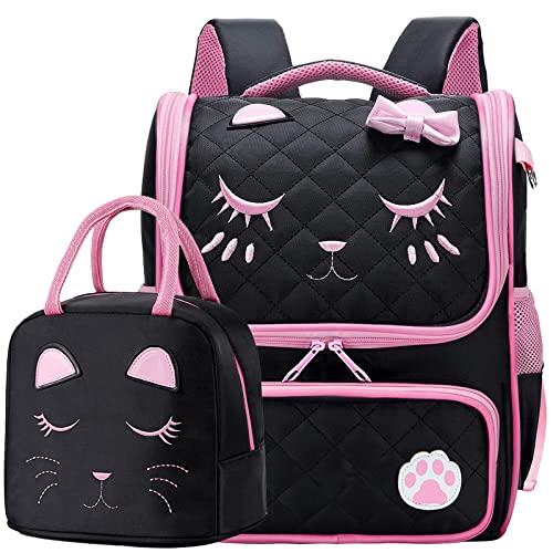 FEWOFJ Cute Black Backpacks with Lunch Bag for Teen Girls, Kids Backpack for Toddler Preschool Bookbags Elementary School Bags - Image 1