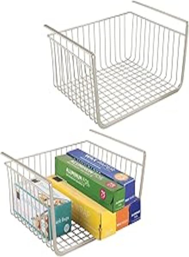 mDesign Set of 2 Under Shelf Basket – Large Wire Basket Shelves for Kitchen Storage – Hanging Storage Basket Ideal for Pantries and Cupboards – Satin