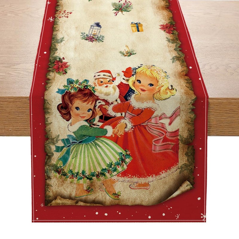Racenaf Vintage Christmas Table Runner Christmas DecorsRed Vintage Style Santa Claus Girls Merry Christmas Winter Xmas Home Kitchen Dining Table Decor Christmas Party Decors 13 x 72 Inch