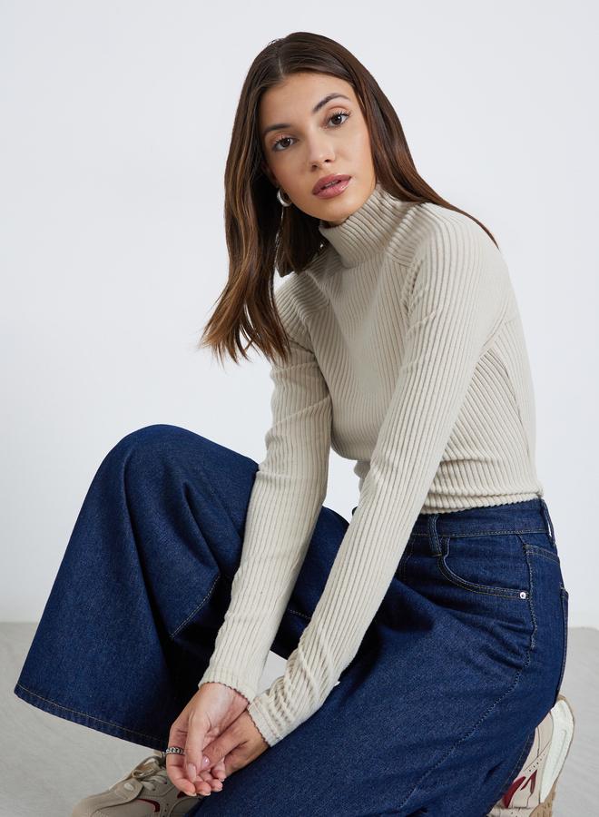 ستايلي بلوزة محبوكة مضلعة برقبة عالية - Image 1