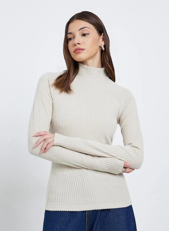 Styli Styli Off White Ribbed High Neck Knit Top