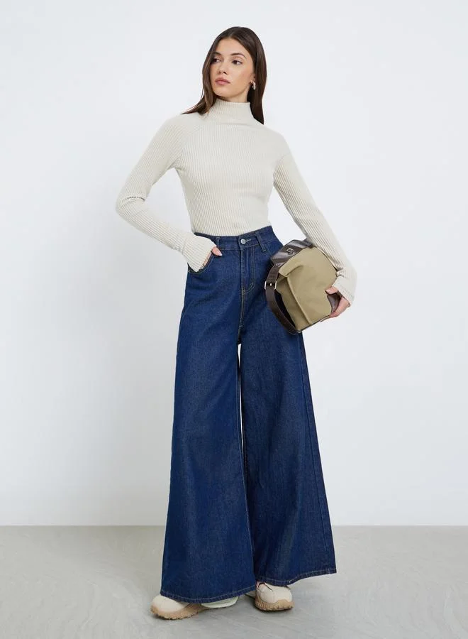 Styli Styli Off White Ribbed High Neck Knit Top