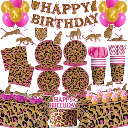 cocomigo 193pcs Cheetah Birthday Decorations Tableware Set Serves 25 Guests Cheetah Print Birthday Decorations includes 300 gsm Plates Balloons Tablecloths for Leopard Theme Party Supplies - Image 1