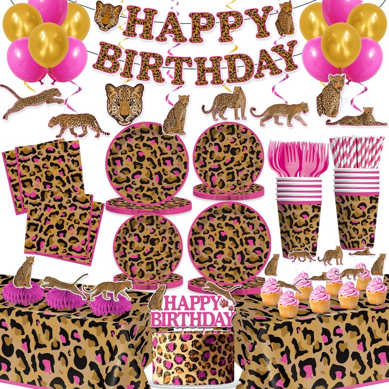 cocomigo 193pcs Cheetah Birthday Decorations Tableware Set Serves 25 Guests Cheetah Print Birthday Decorations includes 300 gsm Plates Balloons Tablecloths for Leopard Theme Party Supplies - Image 2