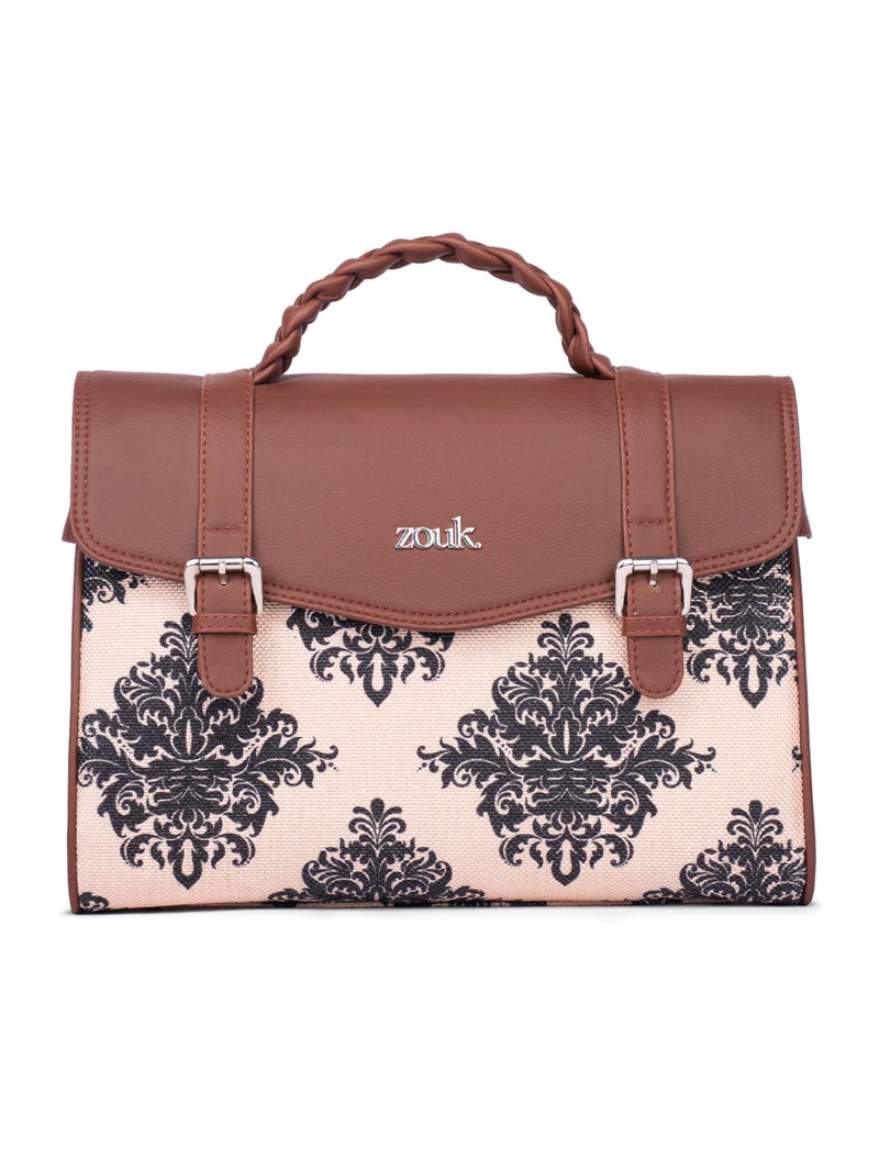 ZOUK Heritage Satchel Bag - Gwalior Weaves | Jute | Vegan Leather Handcrafted With Detachable Sling Strap | Mughal Motif - Image 1