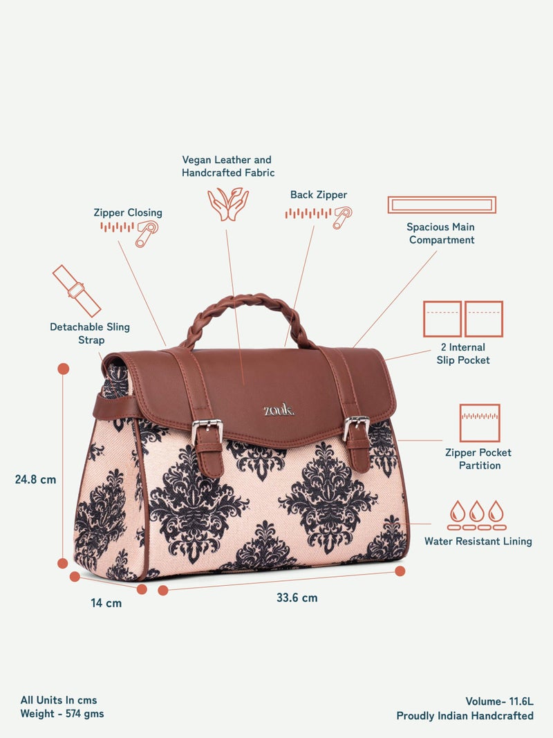 ZOUK Heritage Satchel Bag - Gwalior Weaves | Jute | Vegan Leather Handcrafted With Detachable Sling Strap | Mughal Motif - Image 4