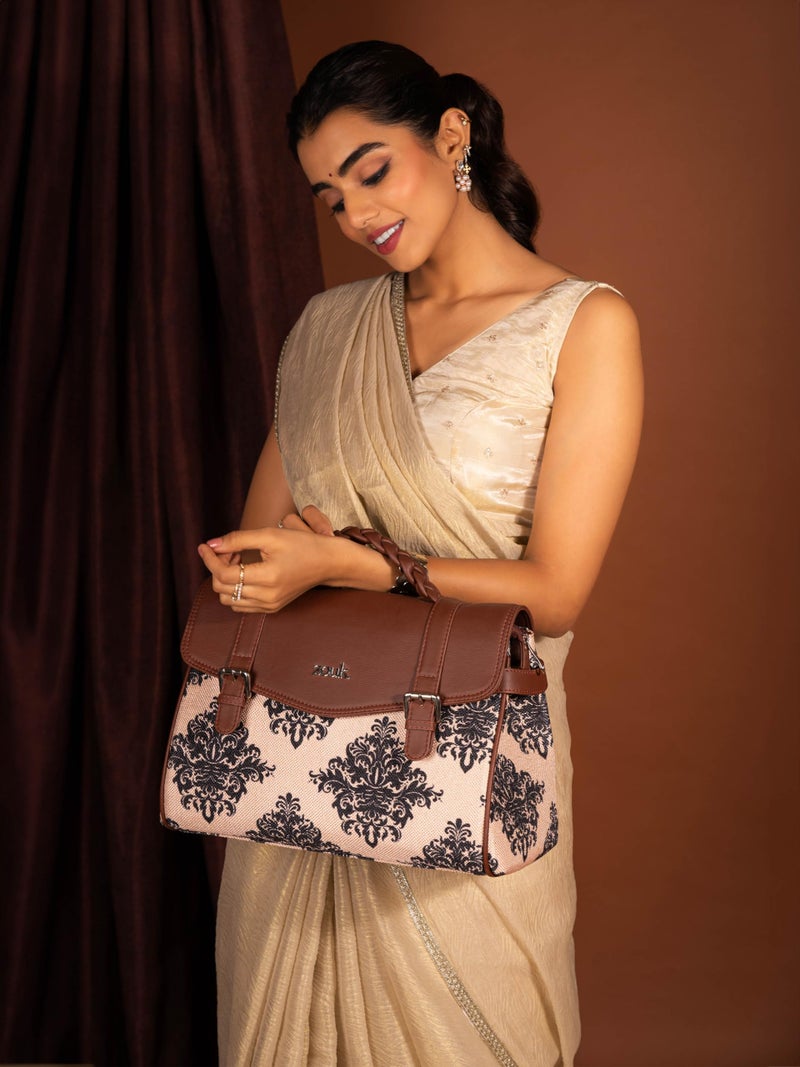 ZOUK Heritage Satchel Bag - Gwalior Weaves | Jute | Vegan Leather Handcrafted With Detachable Sling Strap | Mughal Motif - Image 2