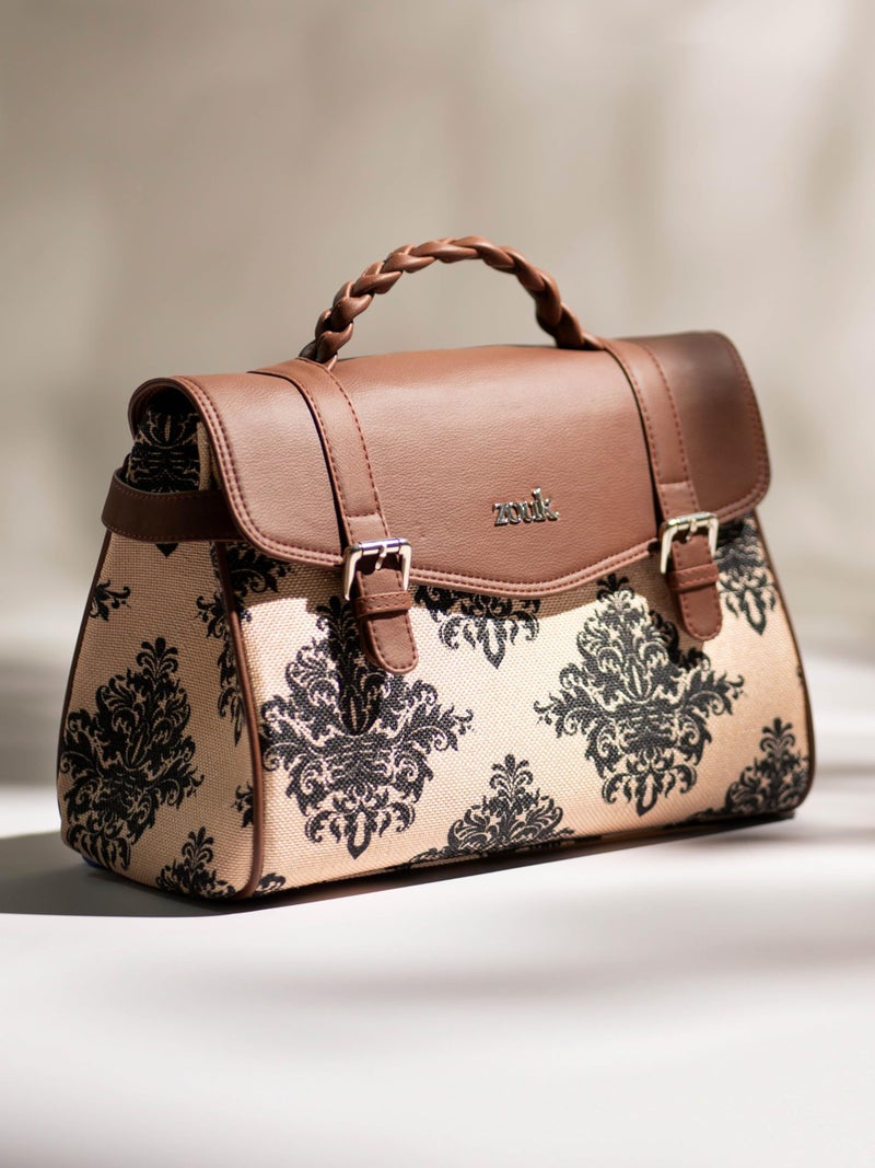 ZOUK Heritage Satchel Bag - Gwalior Weaves | Jute | Vegan Leather Handcrafted With Detachable Sling Strap | Mughal Motif - Image 3