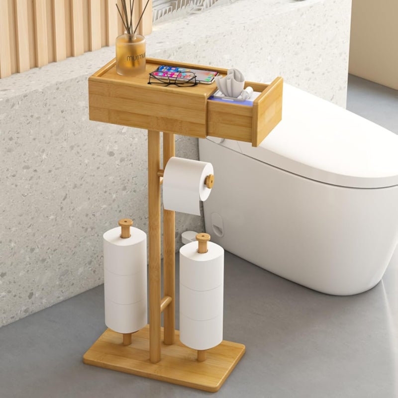 Free Standing Toilet Paper Holder with Storage,Bamboo Stand Toilet Tissue Holder for Mega Roll,Bathroom Freestanding Tp Holder with Drawer for Wipes,Toilet Paper Storage with Shelf,No Drill