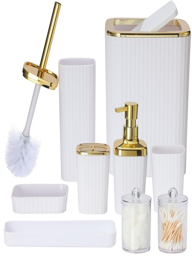 Viowil Bathroom Accessories Set,9 Piece White Bathroom Sets Complete with Toothbrush Holder, Trash Can, Lotion Soap Dispenser, Toothbrush Cup, Vanity Tray, Soap Dish, Toilet Brush, Qtip Holder for New Home - Image 1