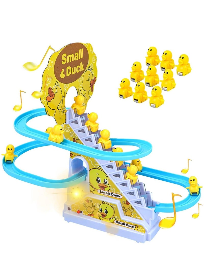 DURKU Small Duck Climbing Stairs Toy Electric Duck Roller Coaster Toy Set With LED Flashing Lights and Music Duck Track Slide Toy Race Track Set for Kids Children 9 PCS Ducks - Image 1