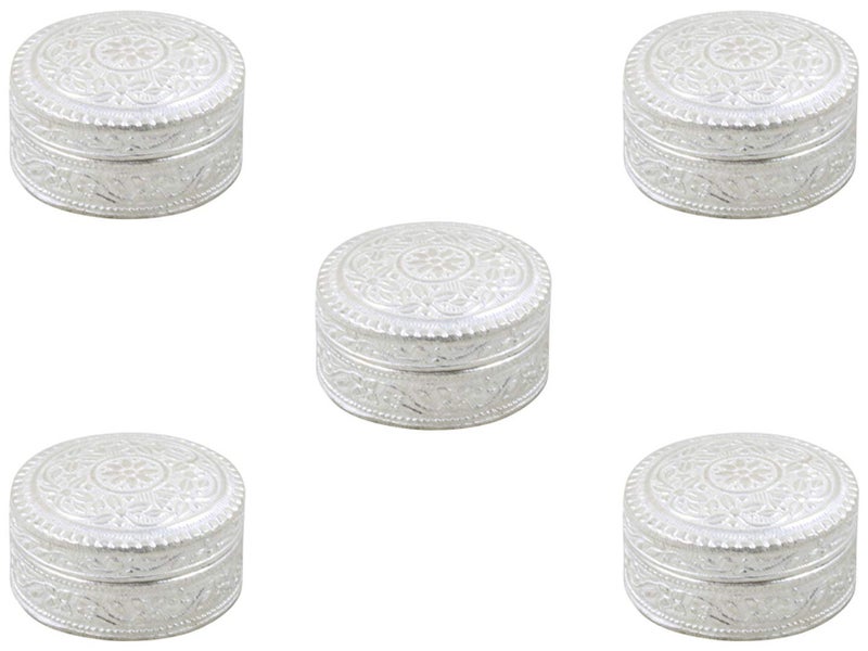 GoldGiftIdeas Silver Plated Nakshi Round Sindoor Box for Wedding, Pooja Articles for Gift, Kumkum Box for Return Gift, Puja Thali Set for Home, Small Home Function Return Gift (Pack of 5) - Image 1