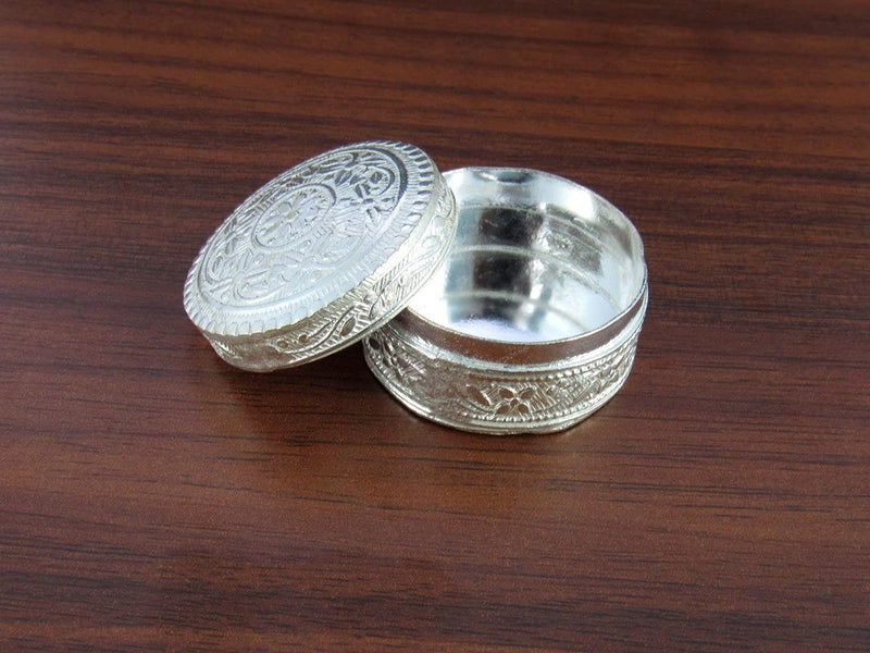 GoldGiftIdeas Silver Plated Nakshi Round Sindoor Box for Wedding, Pooja Articles for Gift, Kumkum Box for Return Gift, Puja Thali Set for Home, Small Home Function Return Gift (Pack of 5) - Image 5