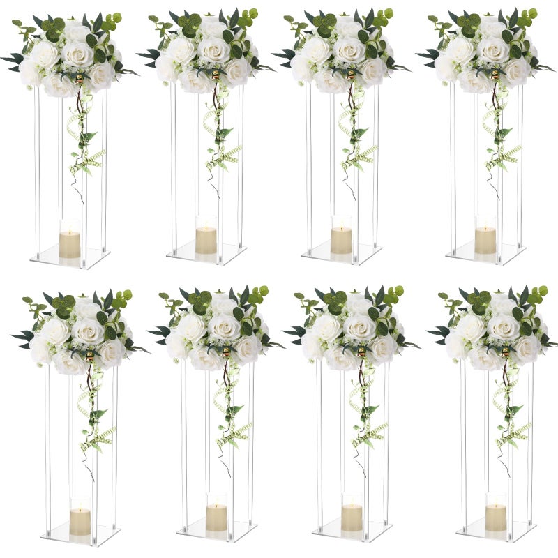 Daifunli 8 Set 15.75 Inch Acrylic Vase Stand Wedding Centerpieces Holder with Artificial Flower Balls and LED Lights Candles for Wedding Party Table Home Decorations - Image 1
