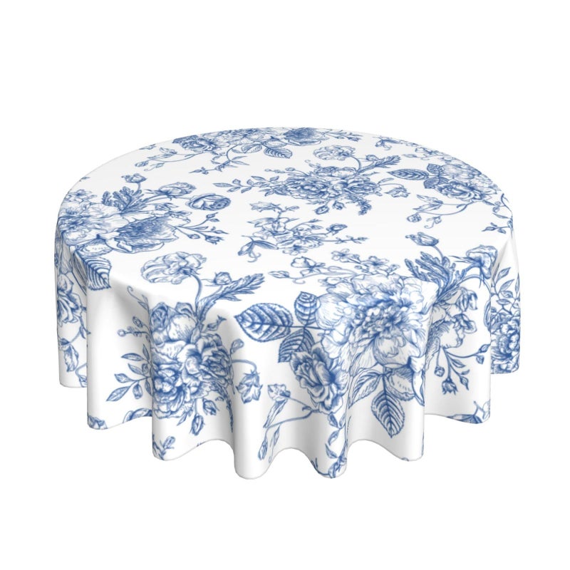 GOLIANDA Blue Floral Tablecloth 70 Inch Round Blue and White Chinoiserie Flower Table Cloth Spring Decorations Polyester Stain Resistance Blue Round Table Cover for Party Picnic Kitchen Decor Outdoor - Image 1