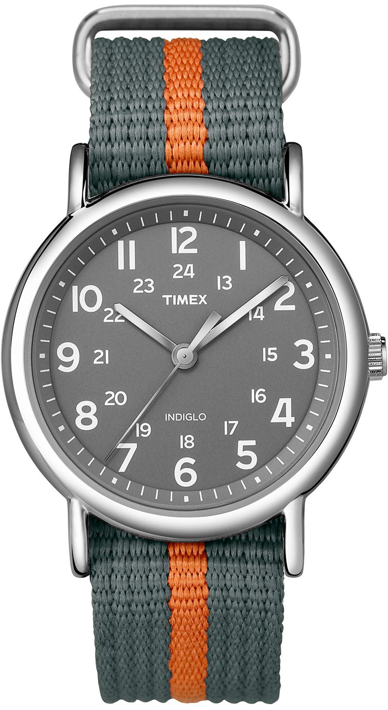 TIMEX ساعة تيمكس للرجال والنساء 38 مم - علبة فضية مع قرص رمادي وحزام قماش رمادي وبرتقالي قابل للتعديل - Image 1