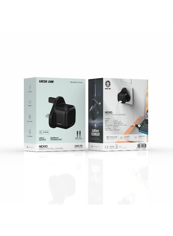 GREEN LION NEXIO Single Port Wall Charger UK Plug 20W with Cable Type- C To C / Charging Protection / USB-C To USB-C -Black - Image 4