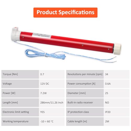 Rollerhouse 12V DIY Electric Roller Blind/Shade Tubular Motor Kit, Hard Wired 12V DC Motors 2 Wire Motor ES2512 for RV Electric Roller Shade, 1.5 inch Roller Pipe - Image 4