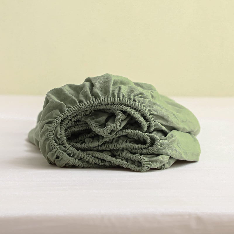 King Linens 100% Linen Fitted Sheet Stone Washed Solid Color - (1 Piece) 14 inch Deep Pocket Mattress Cover Soft Natural Breathable Farmhouse - Sage Green  Twin Size - Image 1