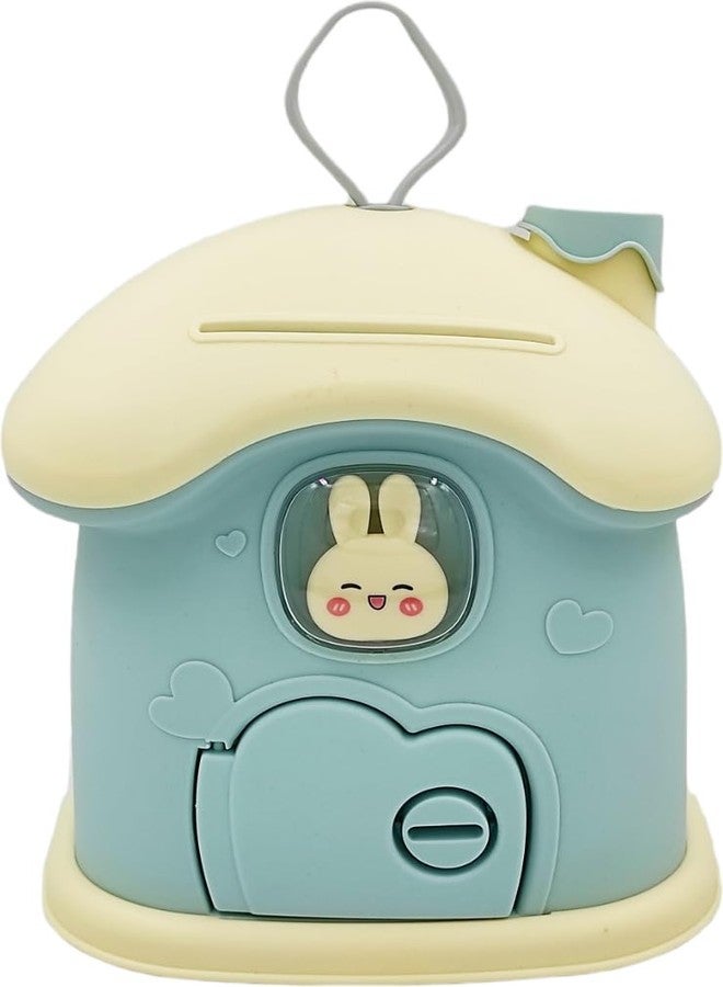 Dishvy Piggy Bank | Dollhouse Coin Bank | Money Bank with Lock and Key|Coin Bank| Kids Money Boxes, Kids Savings Organizer | Bunny House Shape (Blue) - Image 1