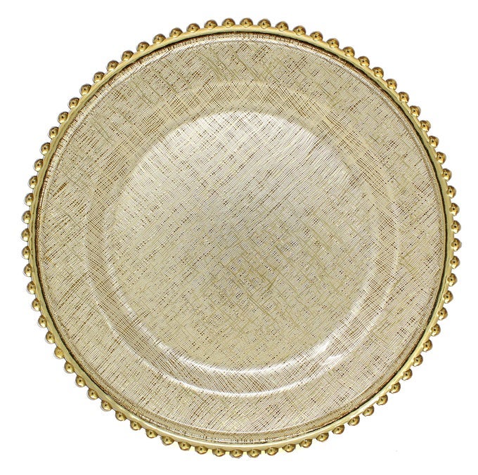 CROSSSTITCH PATTERN GLASS CHARGER 13 INCH DINNER PLATE WITH BEADED RIM SET OF 4 GOLD