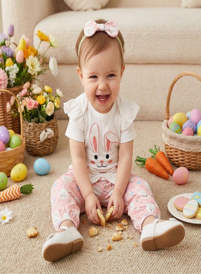 Lenjindjer Infant Baby Girl Easter Outfits Rabbit Embroidery Short Sleeve Romper Pants Headband 3pcs Newborn Spring Clothes (Beige, 6-12 Months) - Image 2