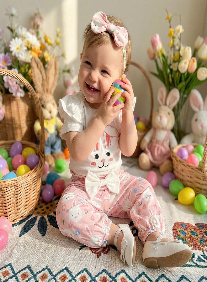 Lenjindjer Infant Baby Girl Easter Outfits Rabbit Embroidery Short Sleeve Romper Pants Headband 3pcs Newborn Spring Clothes (Beige, 6-12 Months) - Image 4