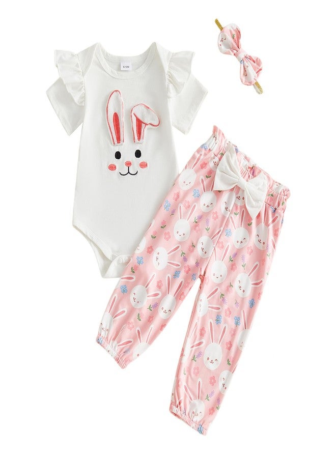 Lenjindjer Infant Baby Girl Easter Outfits Rabbit Embroidery Short Sleeve Romper Pants Headband 3pcs Newborn Spring Clothes (Beige, 6-12 Months) - Image 1