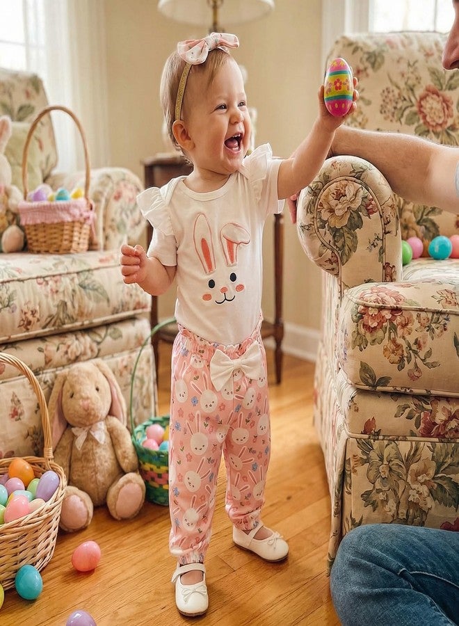 Lenjindjer Infant Baby Girl Easter Outfits Rabbit Embroidery Short Sleeve Romper Pants Headband 3pcs Newborn Spring Clothes (Beige, 6-12 Months) - Image 3