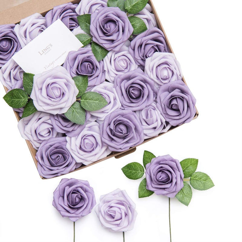 Ling's moment Lings Moment Artificial Flowers 25Pcs Dusty Violet Roses Decor wStems3 Real Touch DIY Foam Floral for Wedding BouquetCenterpieces Outdoors Party Backdrop RoomTable and GardenPot Decorations